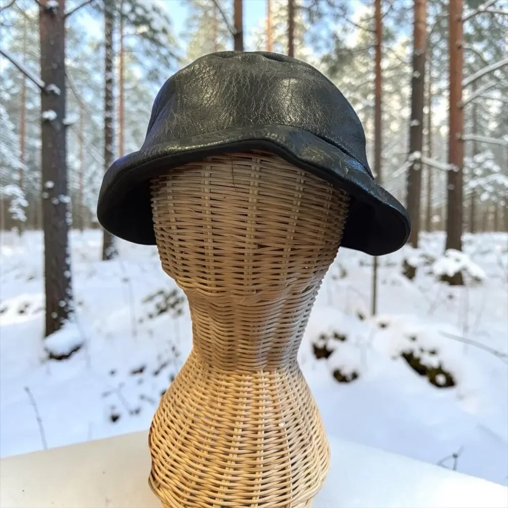 Vintage Black Leather Bucket Hat Women’s Small Soft Genuine Leather Minimalist